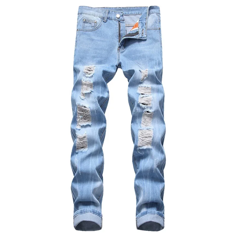 light blue Модные, красивые, популярные, модные, рваные джинсы с дырками, мужские, выдалбливают, нищий, укороченные, мотоциклетные, байкерские штаны, мужские ковбойские джинсовые штаны, мужские - Цвет: light blue