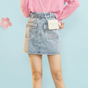 

IEF Spring Letter Embroidery Denim Skirt Fashion Women High Waist Loose with Belt Pockets Female Mini Skirt 0N29A-D567-