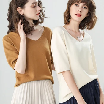 

Elegant V Neck Short Sleeve Women's Shirt Casual Pullover Tops Loose Wool Lady Jumper Sweater