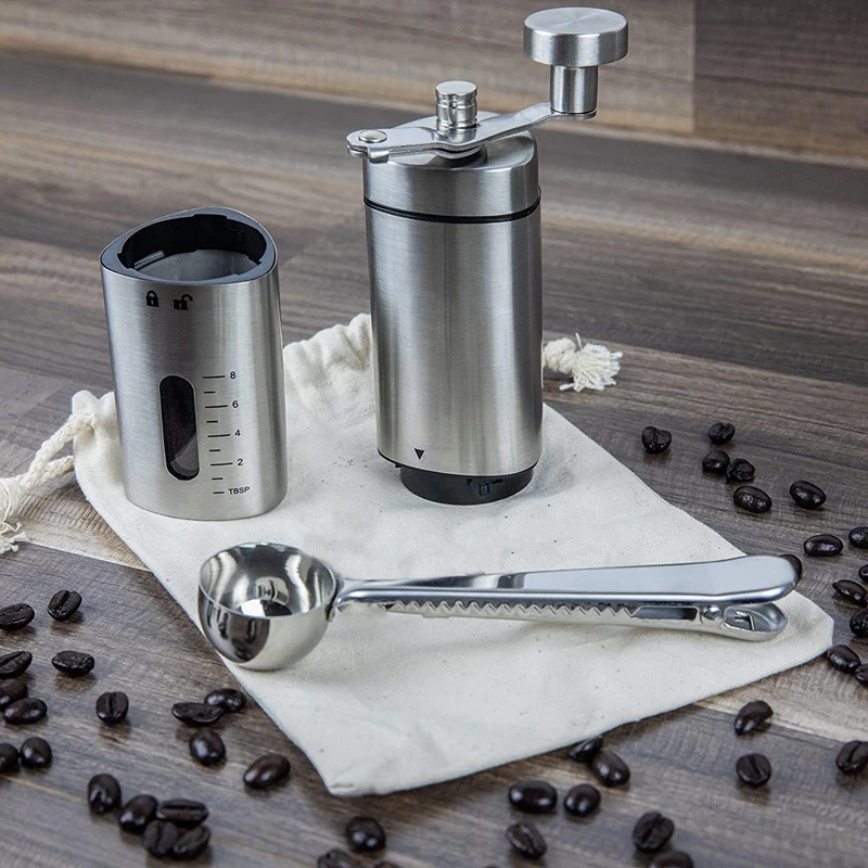 Manual Coffee Grinder- Hand Conical Coffee Bean Grinder With Ceramic Mechanism By Flafster Kitchen- Portable Stainless Steel Bur