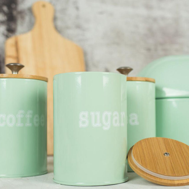 Metal Kitchen Bread Bin with Hinged Lid and 3 Pack Canister set with Airtight Lid - Mint Green