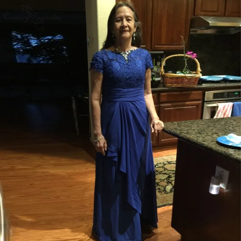 Royal Blue Кружевные платья для матери невесты, Длинные Короткие рукава, молния сзади, длина до пола, шифоновое свадебное платье для гостей, вечерние платья - Цвет: Royal Blue