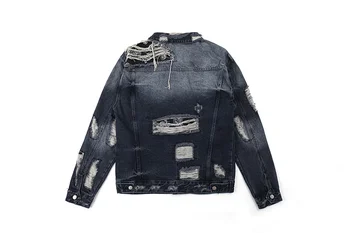 

Vintage Washed Break Scratch Denim Jacket Coat Men Women Washed Hiphop Streetwear Bandanna Printed Men Denim Jean Jacket