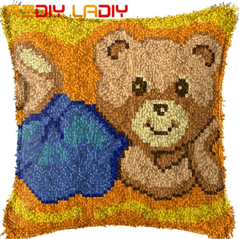 Latch Hook Cushion Blue Sleeping Bear Printed Canvas Cover Acrylic Yarn Crochet Pillow Case Kit Hobby &amp Craft Home Decor | Дом и сад