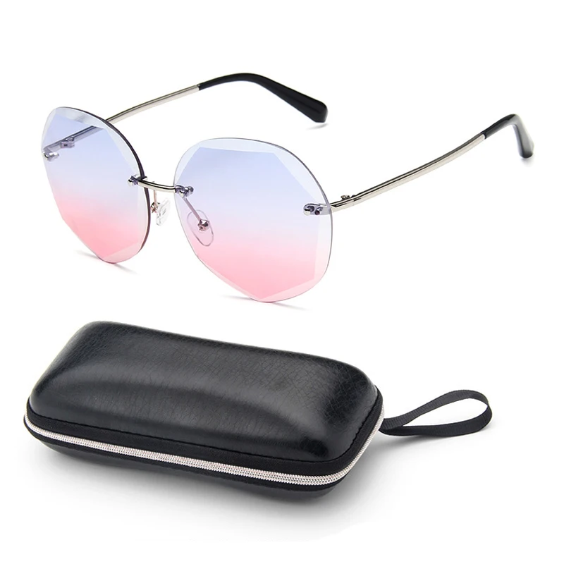 

Polygonal Trendy Sunglasses Kit Women Ladies Gradient Eyewear Set Rimless Trimmed Sun Glasses Shades Eyeglasses with Box