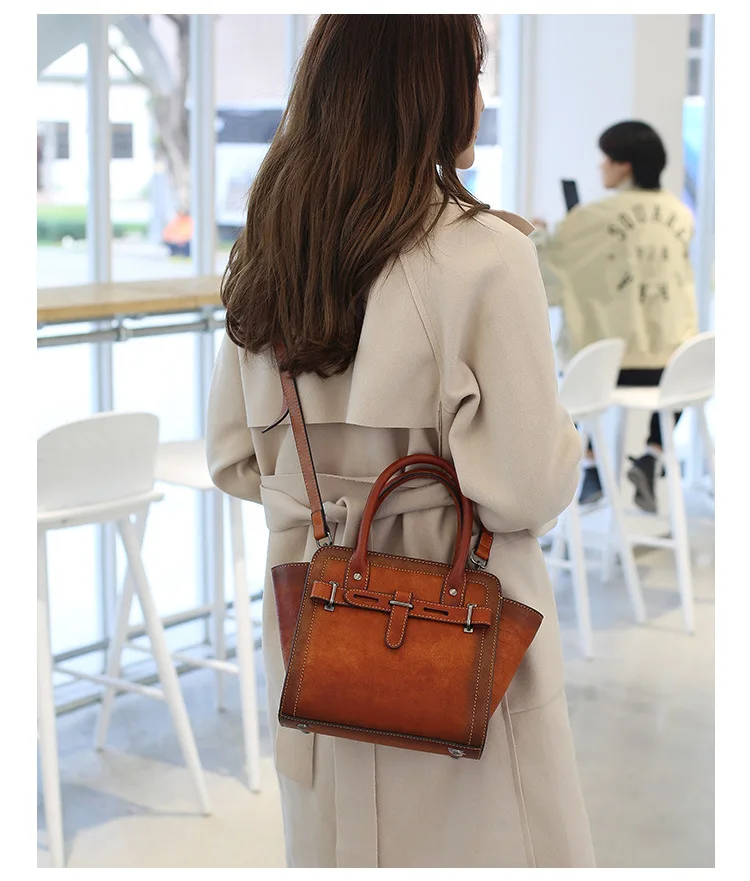 New ladies handbag head leather retro leather women's bag solid-color fashion one-shoulder tote bag