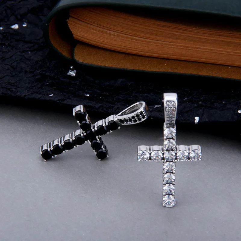 BOCAI New Real Pure Solid s925 Silver Diamond-set Zircon Black and White Cross Trendy Hip-hop Rock Man and Woman Pendant