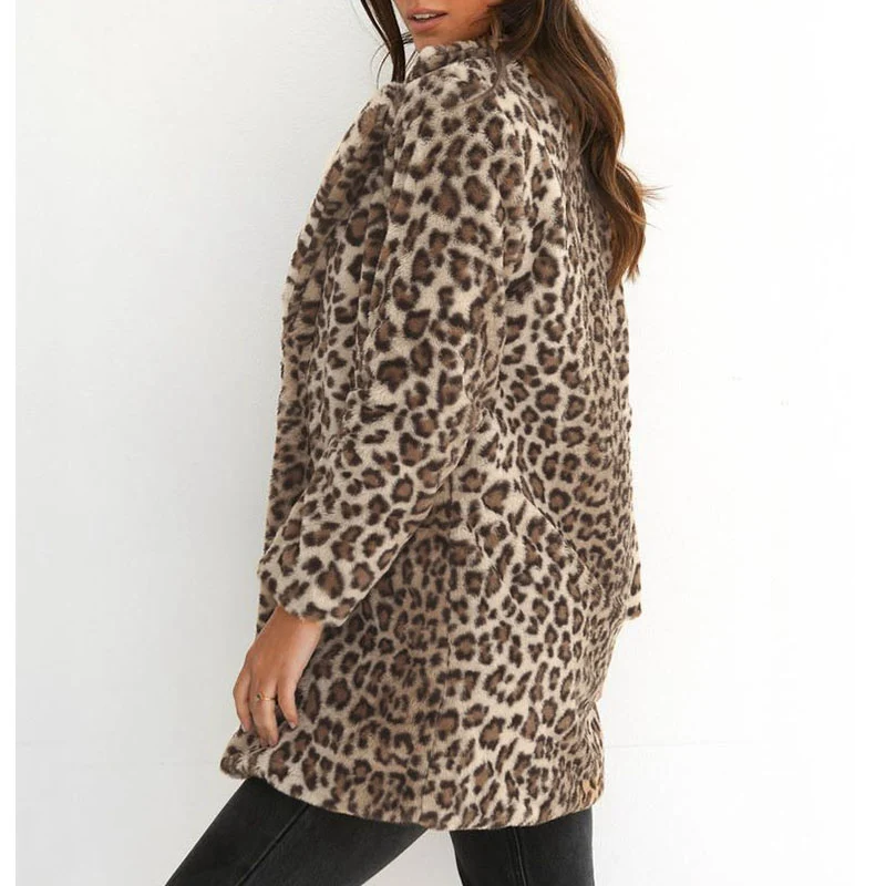Fashion Winter Clothes Leopard Open Stitch Loose Comfortable Outerwear Casual Long Womens Jackets and Coats