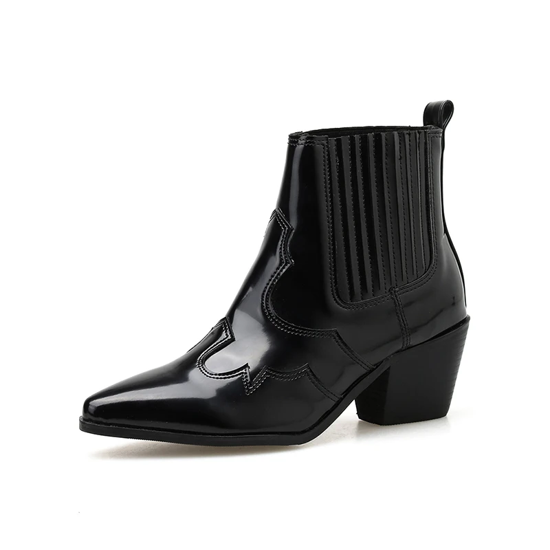 

2019 Fashion Women Boots Casual Patent Leather Low High Heels Shoes Woman Pointed Toe Rubber Ankle Boots Black Zapatos Mujer