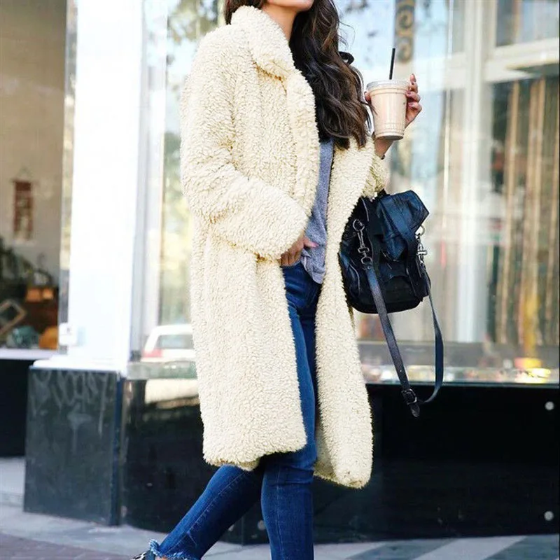 

Saimishi Winter Long Thick Warm Faux Fur Women Overcoat Fashion Lapel Long Sleeve Plush Coat Streetwear Casual Ladies Cardigans
