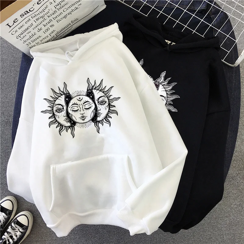 Sudadera con capucha para mujer, de estilo gótico, con estampado de sol y luna, estilo Harajuku, de horror, oscuro, gran tamaño, vintage, a la moda