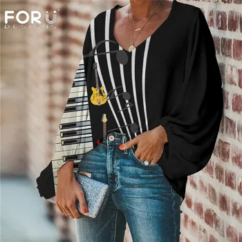 

FORUDESIGNS 3D Piano with Music Note Pattern Women Blouse Casual Summer Ladies Loose Long Sleeve Tops Large Size Clothing Femme