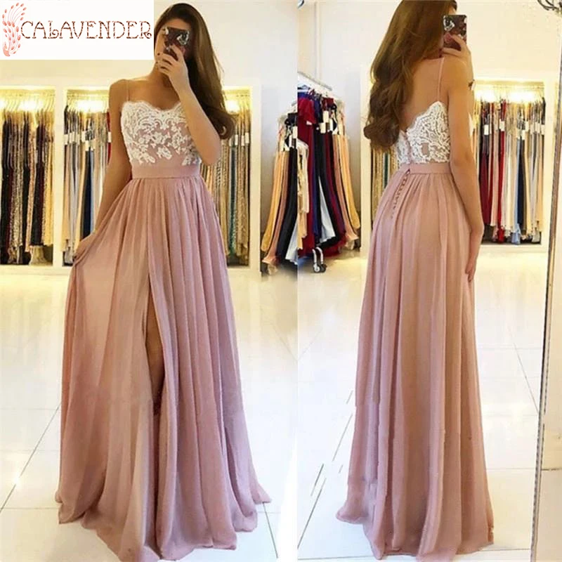 

Junior Bridesmaid Dresses Spaghetti Lace Applique vestido para boda invitada Chiffon Dress Leg Slit Beach Wedding Guest Dresses