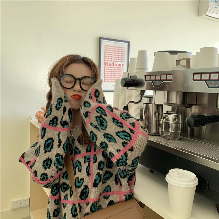 Женский корейский Harajuku Повседневный свободный Леопардовый полосатый свитер женские свитера японская кавайная теплая одежда горячая распродажа