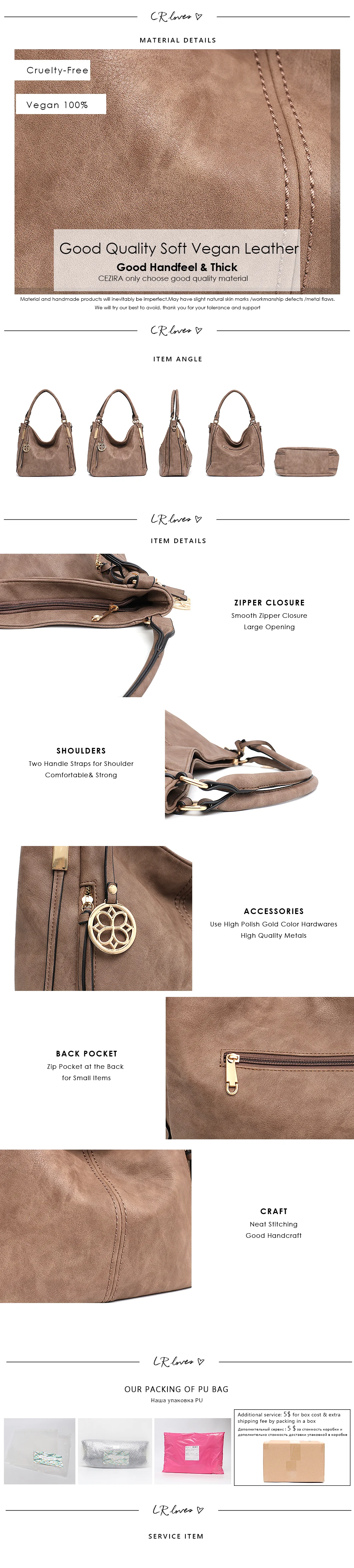 CEZIRA Повседневная брендовая дизайнерская сумка на плечо Женская веганская кожаная сумка-тоут женская Роскошная металлическая молния карманы большая сумка и Кроссбоди