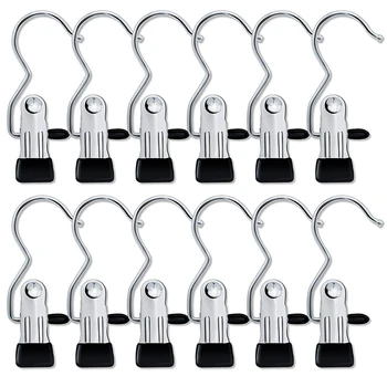 

12 PCS,Portable Laundry Hook Hanging Clothes Pins Stainless steel Travel Home clothing Boot Hanger Hold Clips