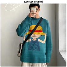 LT Studio, японские мужские свитера с мультяшным принтом, Осень-зима, Теплые Топы, Повседневный пуловер с круглым вырезом и длинным рукавом