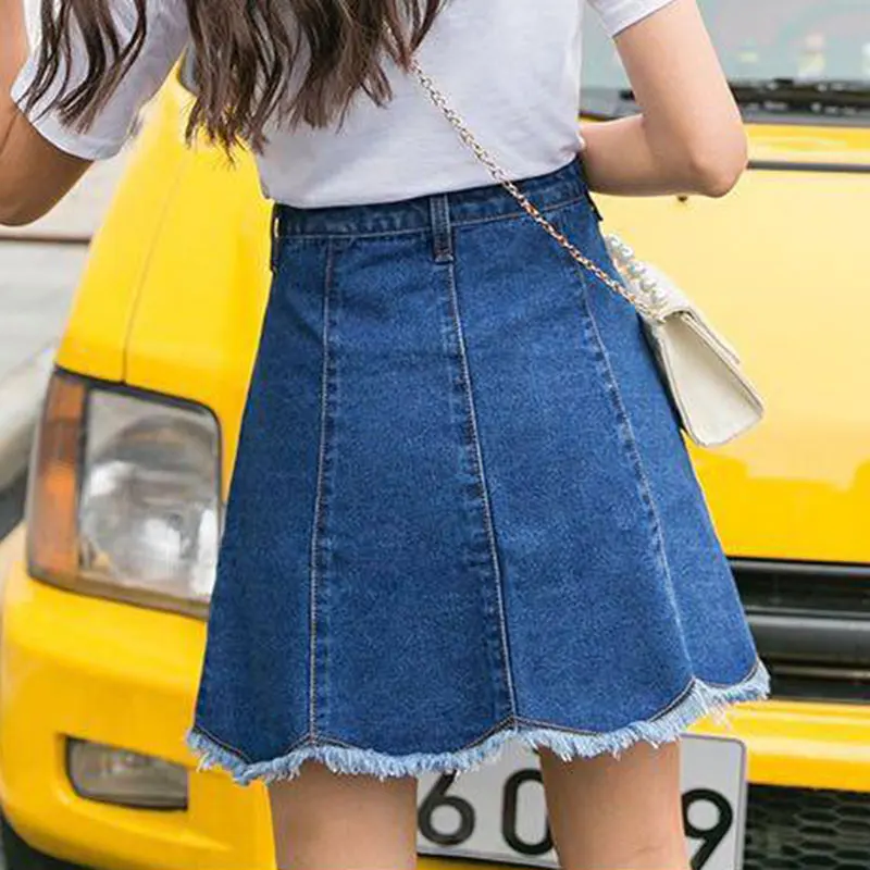 Осень Лето Новая мода корейский стиль Повседневная джинсовая мини-юбка Женский однобортный высокая талия джинсовые юбки для женщин P074
