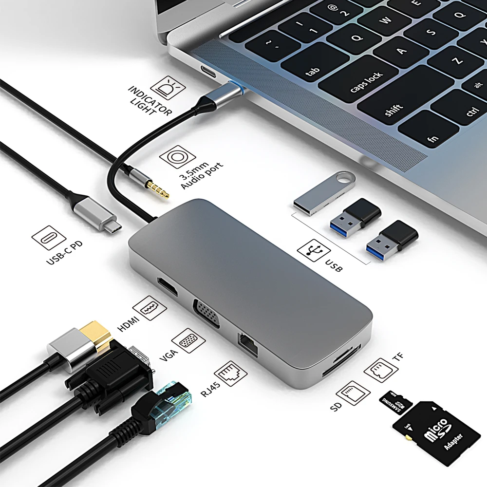 Док-станция PCUORLEORS 10-в-1 с разъемом Type-C двойной HDMI RJ45 Gigabit Lan PD Usb док-станция для