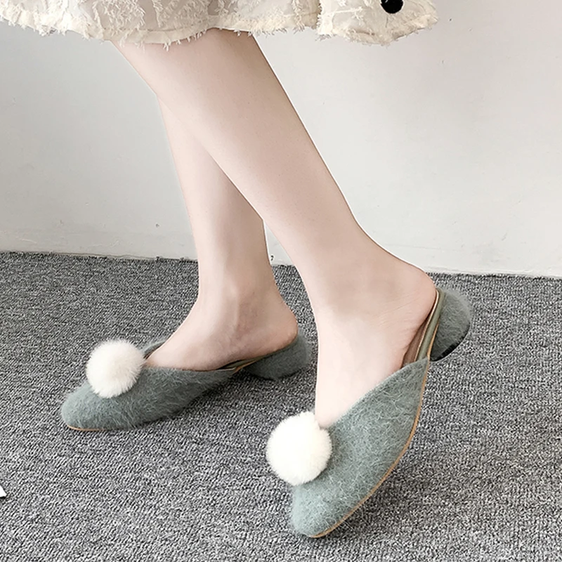 

Women's Slippers 2019 Shoes Slides Cover Toe Flock Pokemon Plush Square heel Fashion Med New Fur Block Soft Luxury