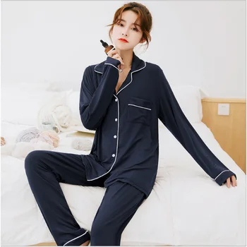 

2020 Spring 2-Piece sets Female Casual Pajama sets Ladies Modal Sleepwear suit Women Long Sleeve Turn-down Collar shirt & Pants
