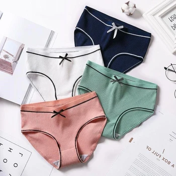 

Panties Cotton Solid Women Underwear Vertical Thread Exquisite Soft Middle Waist Briefs Sweet High Stretch Antibacterial Pantie