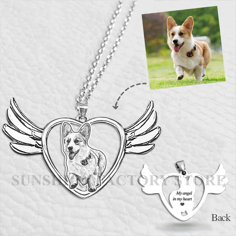special new product：Pet angel Personalized Photo Engraved Necklace（Hollowed Heart Frame） dog_副本