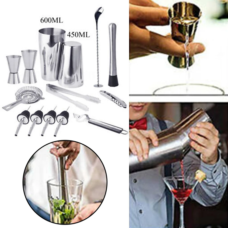 

14pcs/Set Wine Liquor Shaker Bartender Mixer Tools Stainless Spoon Measuring Cups 600-800ml Kitchen Dining Bar