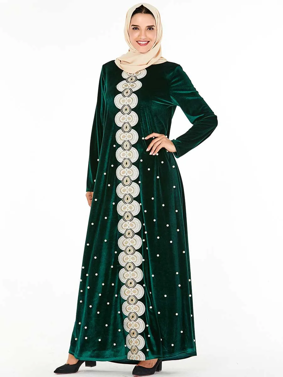 Бархатное Абая Дубай мусульманское женское платье с длинным рукавом вышивка бисером Макси коктейльное платье для вечеринки арабский джилбаб Кафтан Исламская одежда - Цвет: Green