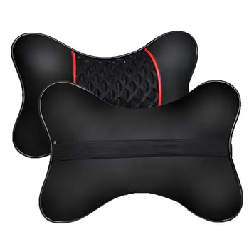 

2Pcs PU Leather Knitted Car Pillows Headrest Neck Rest Cushion Support Seat Accessories Auto Black Safety Pillow Universal Decor