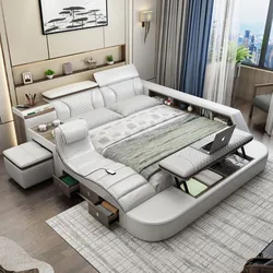 Marco de cama inteligente doble con tocador, conjunto de muebles de dormitorio de cuero, para boda