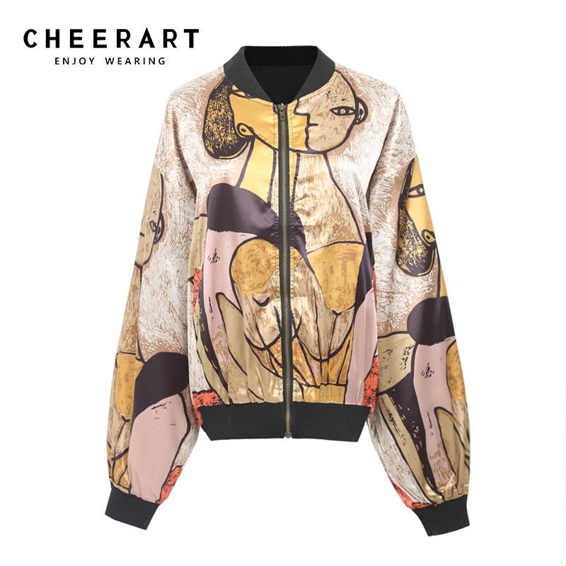 Ideal Cheerart Harajuku Gold Jacket Print Satin Jacket Loose Designer Coats Glitter Thin Baseball Jacket