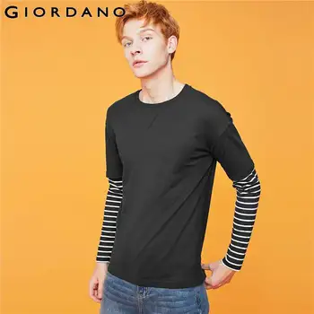 

Giordano Men T Shirts Fake-2pcs Crewneck Long Sleeves T-shirt Men Cotton Causal Camiseta Masculina 13029801