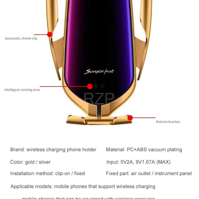 RZP 10W Qi автомобильное беспроводное зарядное устройство для iPhone Xs Max X samsung S10 S9 быстрая Беспроводная зарядка автоматический интеллектуальный автомобильный держатель телефона