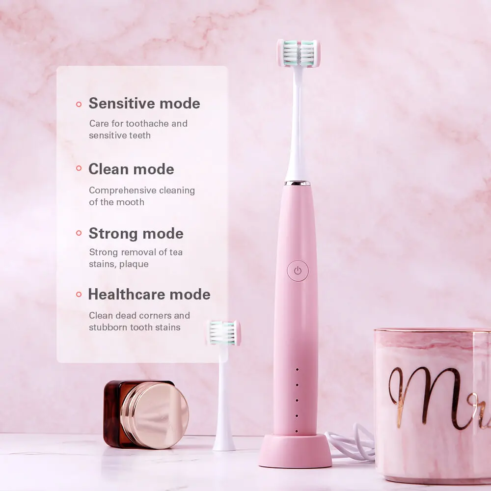 Skup USB akumulator elektryczna szczoteczka ultradźwiękowa 3D boczne głowice szczotek 4 tryby IPX7 wodoodporny różowy niebieski biały 2 minutowy zegar 30S przypomnij