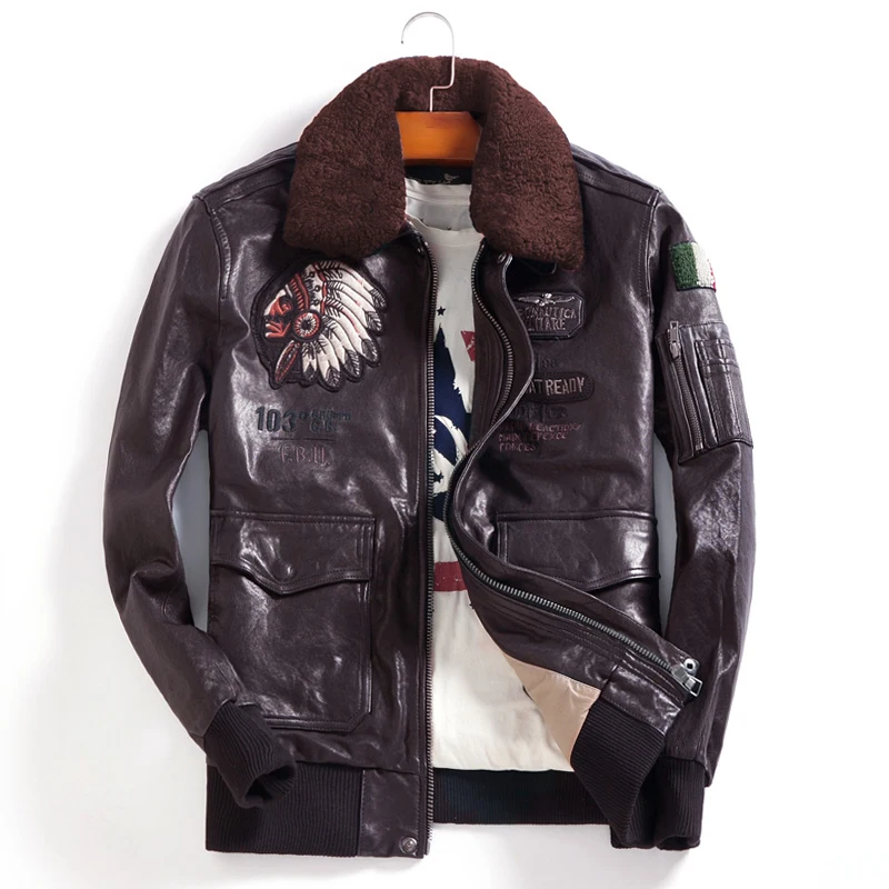 

Men Real Sheepskin Leather Jackets Wool Fur Collar Coat Spring Autumn Plus Size 4XL Embroidery Outwear DWQ4016 MF519