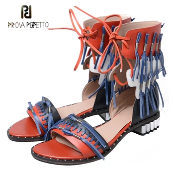 

Prova Perfetto New Design Genuine Leather Patchwork Tassel Women Casual Sandals Summer Boots Lace Up Fringe Low Heel Sandals