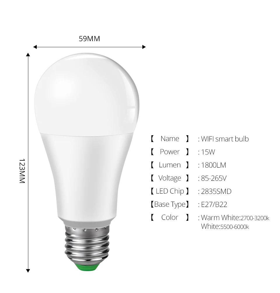 E27 Led Dimmable 110V 220V B22 WiFi умная светодиодная лампочка для дома Wi-Fi, Светодиодная лампа 15W работает с Amazon Alexa Google Home