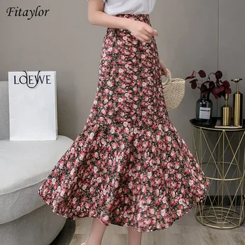 

Fitaylor 2020 Casual Female Floral Print Medium Mermaid Skirt New Spring Summer Women High Waist Chiffon Holiday Skirts