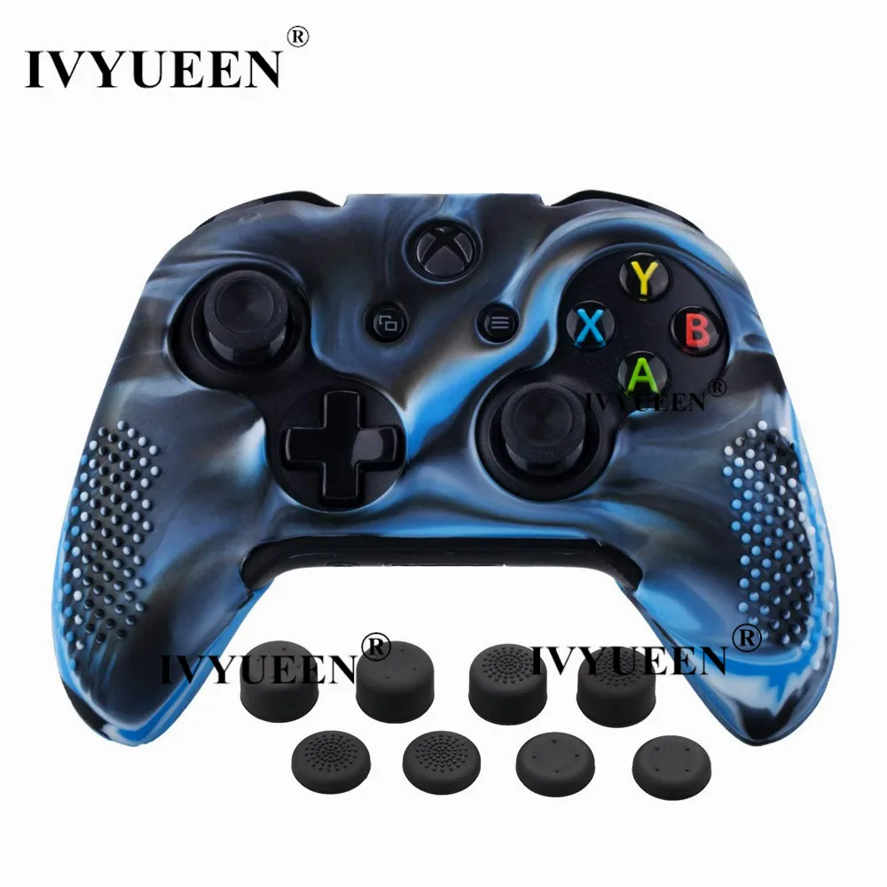 IVYUEEN силиконовой кожи для Xbox One X S контроллер Противоскользящий защитный чехол и 8 шт. аналоговые ручки Захваты дополнительная высота колпачки для большого пальца - Цвет: Blue Camo