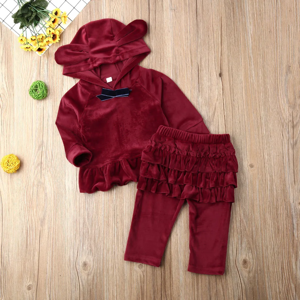 Красный Pudcoco/осенне-зимняя одежда для новорожденных девочек; однотонные мягкие топы с длинными рукавами и капюшоном; длинные штаны с оборками; комплект из 2 предметов; Толстовка - Цвет: Красный