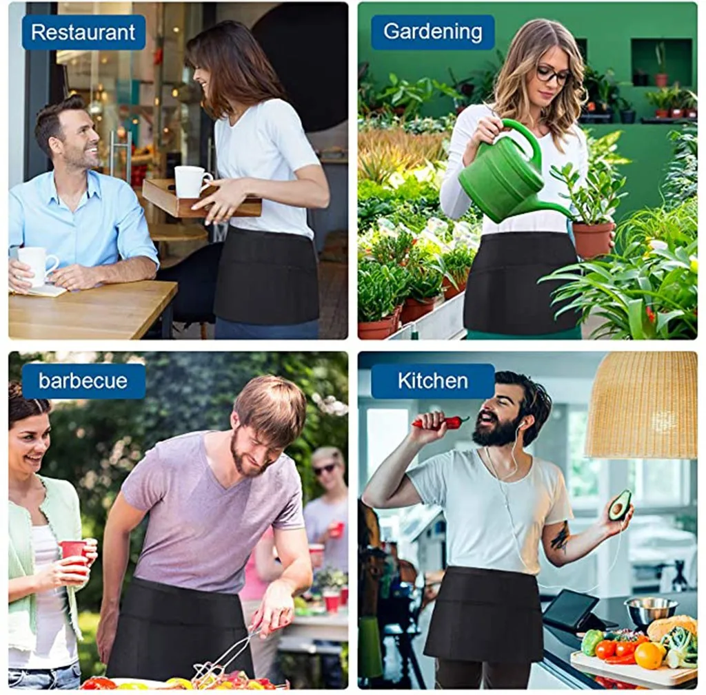 2 Pockets Waist Black Women Apron Waitresses Aprons Kitchen Half Apron New 2020 Brown Baking Waiter Apron Женский фартук #D