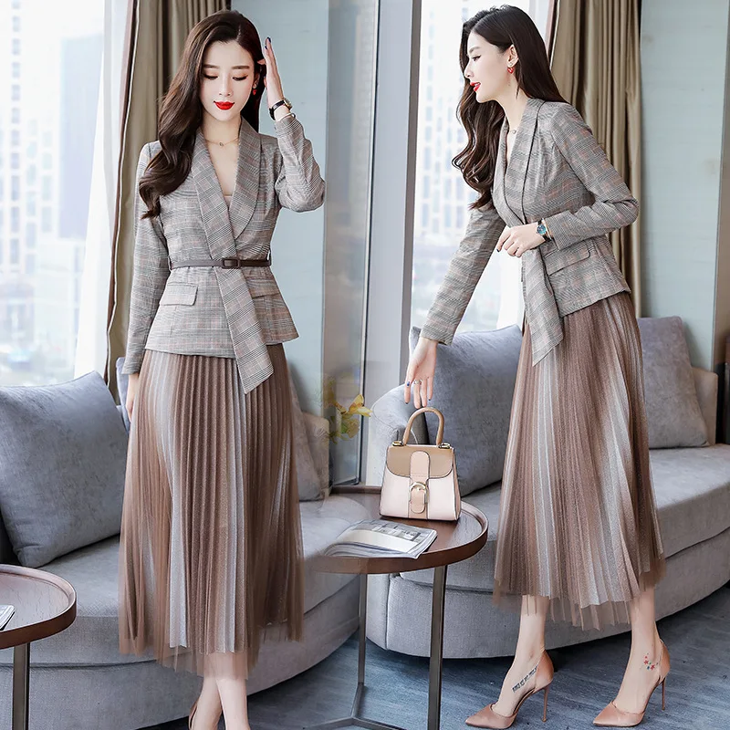 office lady Net Skirt Suits skirt with suit women Plaid blazer skirt set Women suit lady Work skirt and suits jacket 2 piece