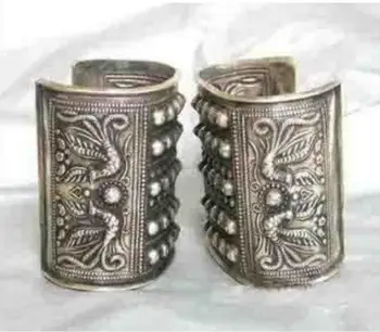 

Free shipping Asian China Handcrafted Superb Jewelry flower carved phoenix tibetan miao silver two bracelet Bangle