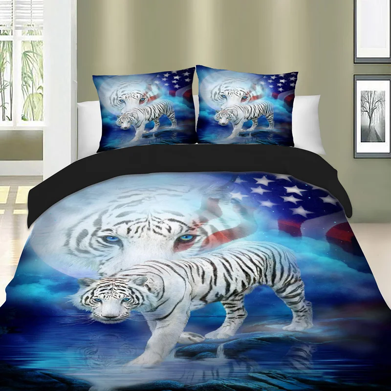 3D Bedding Set White Tiger Duvet Cover Set Single Double Black Bed Linen Twin Full Queen King