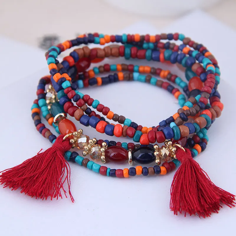 6pcs Bohemian Tassel Charm Multicolors Beads Bracelets Set Women Layers Stone Wristband Bracelet Bangles Factory price