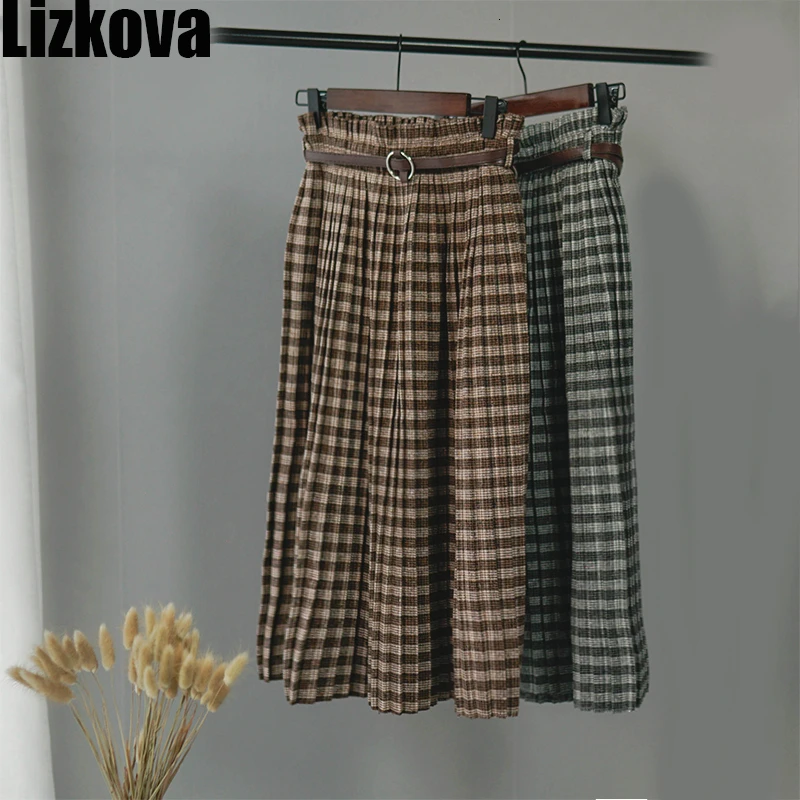 Плиссированная юбка Женская Harajuku клетчатая юбка миди с поясом эластичная талия размера плюс длинные юбки для дам твидовые юбки