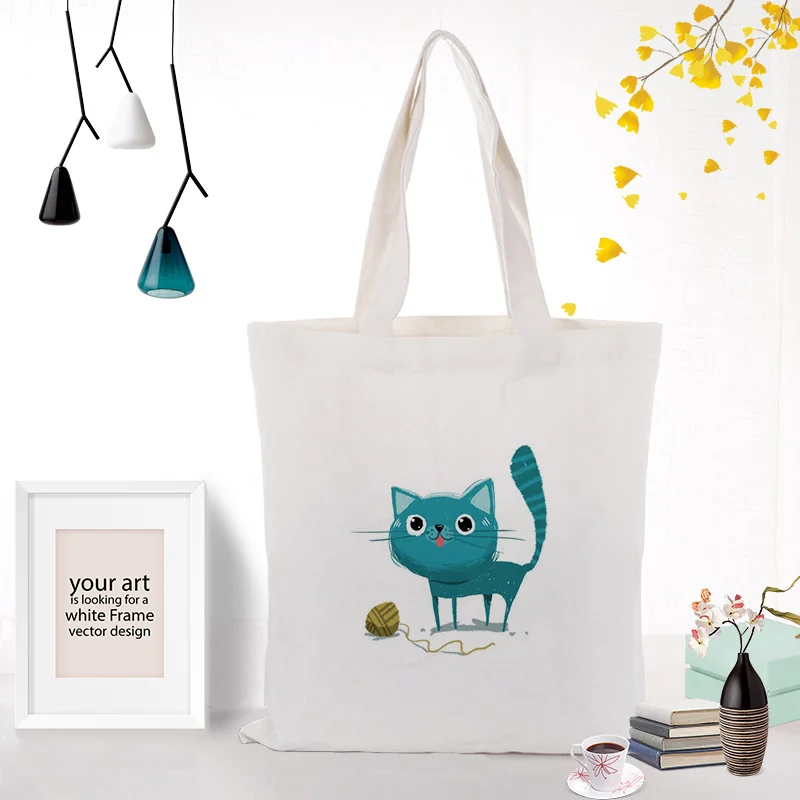Холст сумка для покупок текст DIY ежедневное использование пользовательский принт логотип кошка эко многоразовая утилизация - Цвет: CATX080
