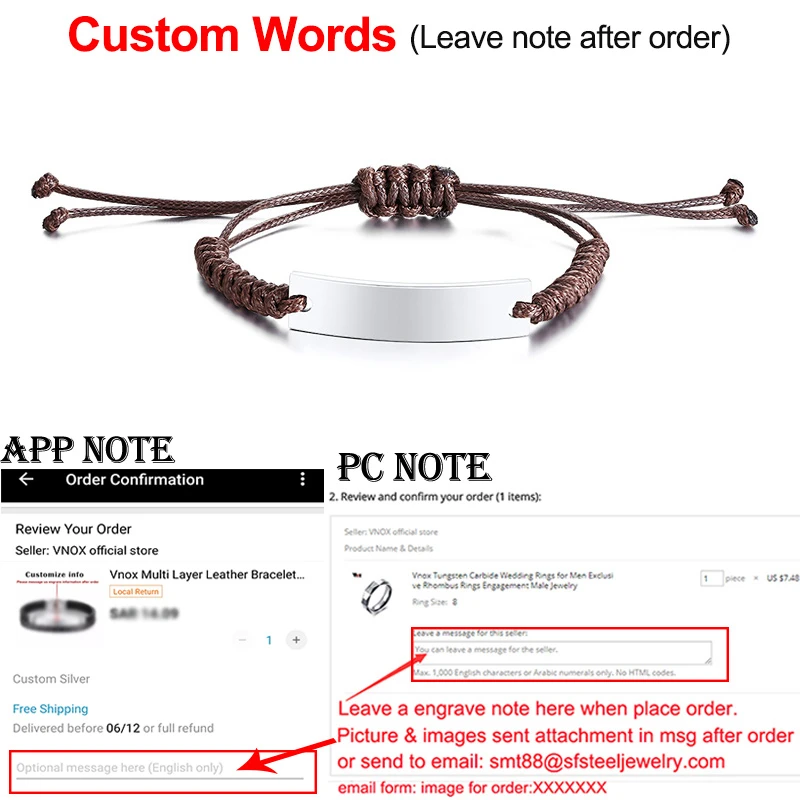 Vnox, повседневные мужские и женские, индивидуализированные, на заказ, гравировка ID, бирка, плетеная веревка, цепь, браслеты на запястье, регулируемая длина - Окраска металла: BR-472SZ Custom