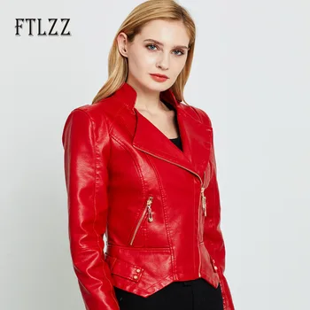 

Biker moto style leather jacket women slim zipper turn down collar short faux leather coat spring autumn fashion red outerwear